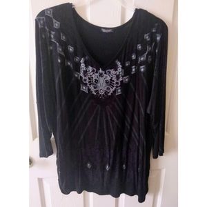 Dressy Long Sleeve Soft Black Blouse with Decorative Design 2X